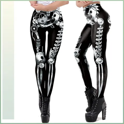 Damen Steampunk Leggings Mechanisches Skelett Digitaldruck Hoch taillierte Elastische Polyester Spandex Yogahose
