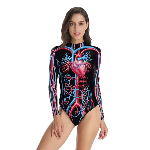 Women's Halloween One Piece Swimsuit Long Sleeve Rash Guard Zip Front 3D Digital Print Skeleton Anatomy Body Suit Surfing Beachwear