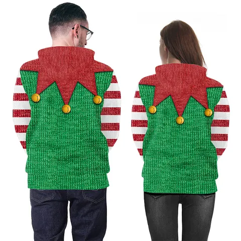 Women Christmas Elf 3D Digital Print Hoodie Long Sleeve Hooded Sweatshirt Loose Fit Holiday Party Pullover Top