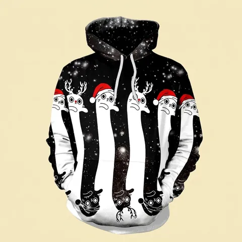Damen Weihnachten Kapuzenpullover Lustig Lange Hals Katze Rentier Sternenhimmel Druck 3D Digital Grafik Hoodie Casual Top