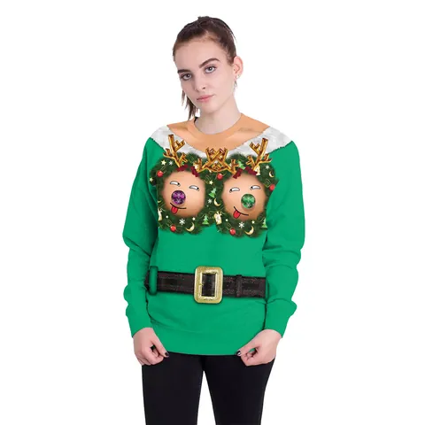 Damen Lustiges Weihnachten 3D Druck Sweatshirt Rundhals Langarm Pullover Feiertag Grün Ugly Christmas Sweater Top