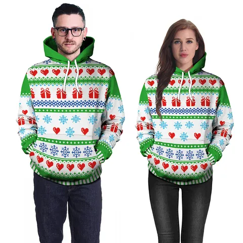 Women Casual Christmas Hoodie Long Sleeve Hooded Sweatshirt Digital Pixel Print Snowflakes Hearts Festive Ugly Sweater Top