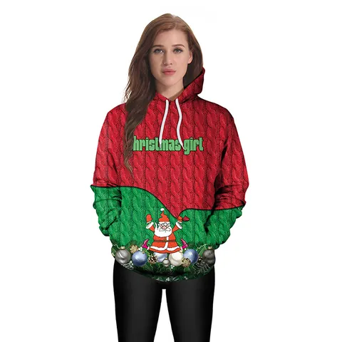 Dames Kerst Hoodie 3D Digitale Afdruk Kerstman Gebreide Textuur Lange Mouwen Hooded Sweatshirt Casual Feestelijke Top