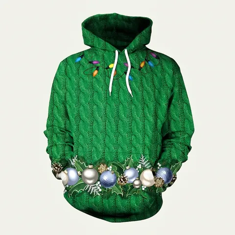 Sweat à Capuche de Noël pour Femmes Impression Numérique 3D Vert Texture Tricot Torsadé Sweatshirt avec Cordon de Serrage