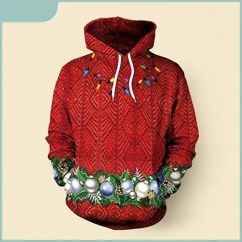Women Men Christmas Hoodie 3D Digital Print Faux Knit Pattern Long Sleeve Festive Hooded Sweatshirt With Pocket Red Pullover