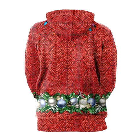 Women Men Christmas Hoodie 3D Digital Print Faux Knit Pattern Long Sleeve Festive Hooded Sweatshirt With Pocket Red Pullover