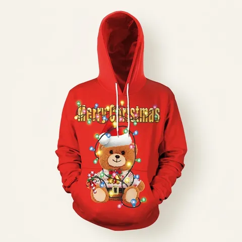 Women Christmas Bear Print Hoodie Long Sleeve Drawstring Hooded Sweatshirt Kangaroo Pocket Holiday Pullover Red Top