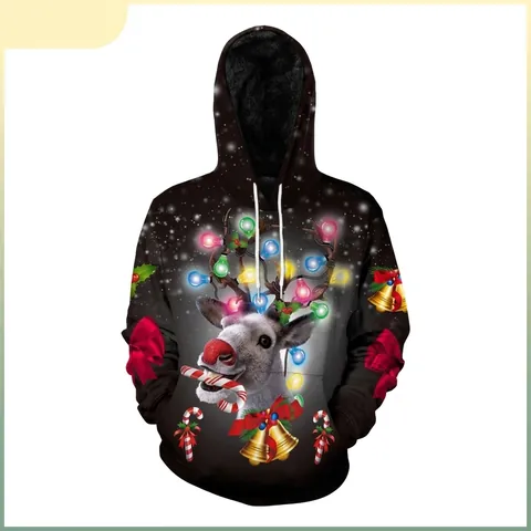 Sweat à Capuche Femme Noël Renne Impression Numérique 3D Manches Longues Pullover Festif Fête Top