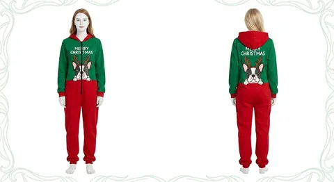 Mono Con Capucha De Navidad Para Mujer Patchwork Rojo Verde Estampado Bulldog Francés Pijama Onesie Ropa De Casa Festiva