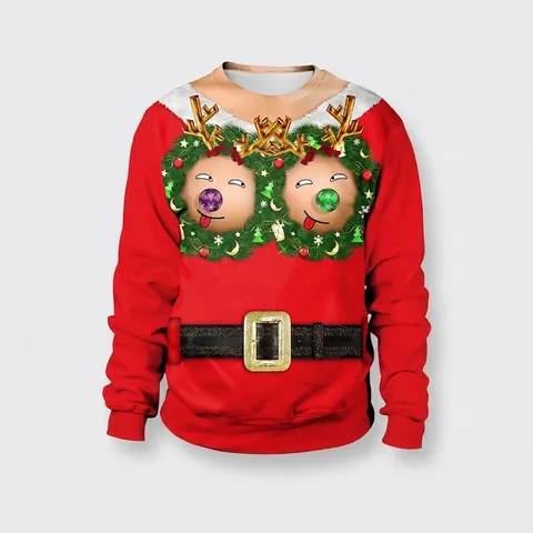 Sweatshirt Drôle Ugly Christmas Renne pour Femme Col Rond Manches Longues Impression Numérique 3D Pull-over Hauts Casual Fête