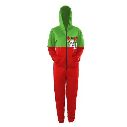 Mono Con Capucha De Navidad Para Mujer Patchwork Rojo Verde Estampado Bulldog Francés Pijama Onesie Ropa De Casa Festiva