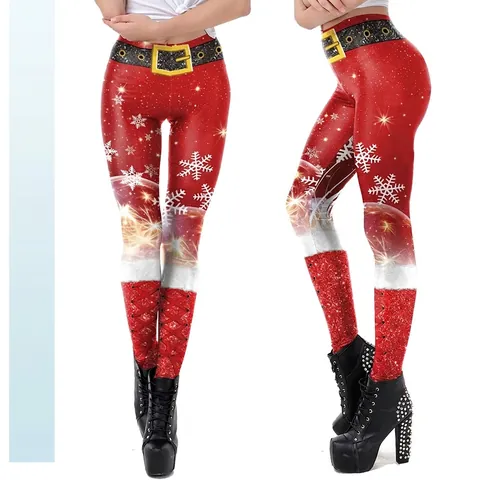 Leggings Imprimés de Noël pour Femmes Taille Haute Polyester Élasthanne Pantalon de Fête Élastique Motif Flocon de Neige Coupe Slim