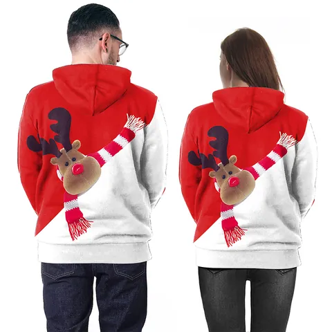 Vrouwen Mannen Koppels Kerst Hoodie 3D Digitale Print Rendier Kerstman Patroon Polyester Elastaan Lange Mouw Pullover Vakantie Feest Sweatshirt