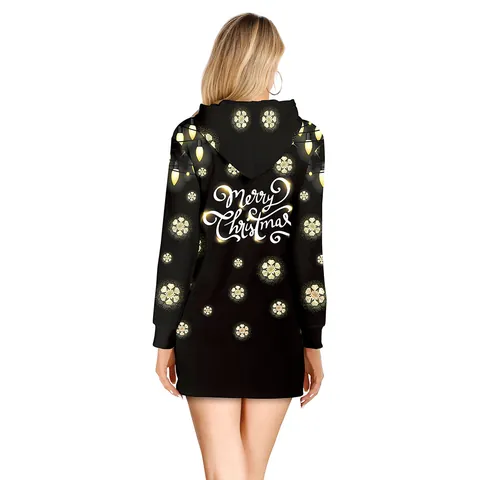 Women Christmas Reindeer Print Hooded Dress Long Sleeve Slim Fit Mini Dress For Xmas Holiday Party Polyester Spandex