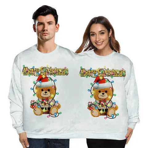 Unisex Funny Couple Joint Ugly Christmas Sweater Novelty Shared Hoodie Festive Reindeer Alpaca Print Long Sleeve Top Party
