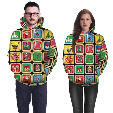 Women's Christmas Hoodie 95% Polyester 5% Spandex Digital Print Santa Reindeer Grid Pattern Loose Pullover Holiday Sweatshirt
