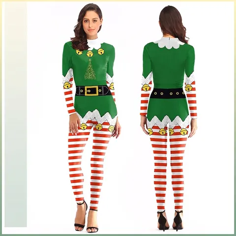 Tuta da Cosplay Elfo di Natale Donna Verde Rosso a Righe Stampa 3D Slim Fit Manica Lunga Catsuit Costume Festa Natalizia