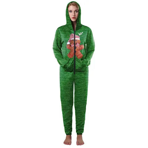 Women's Christmas Hooded Zipper Jumpsuit Onesie Long Sleeve Cartoon Print Casual Loose Winter Sleepwear Romper