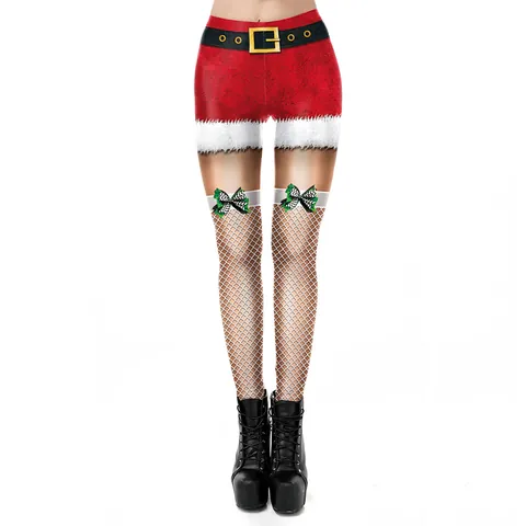 Women Christmas Leggings Santa Claus Print Red High Waist Stretchy Tights With White Fishnet Pattern And Bow Decor Pants