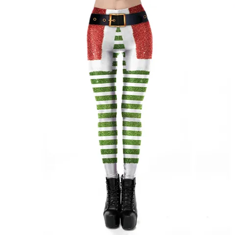 Women's Christmas Printed Leggings Red Green Striped Elastic Slim Fit Festive Holiday Party Cosplay Ankle Length Pants