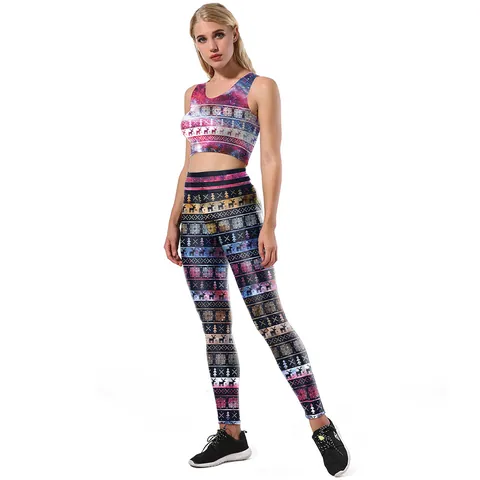 Women Christmas Starry Sky Yoga Sports Outfit Sleeveless Crop Top And High Waist Leggings Reindeer Snowflake Printed Activewear