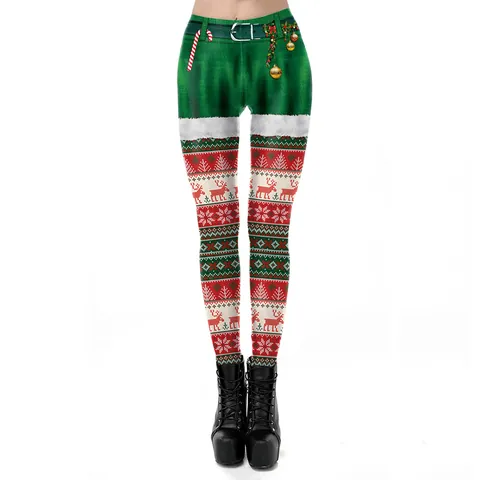 Women Christmas Printed Leggings High Waist Stretchy Polyester Spandex Festive Reindeer Snowflakes Slim Fit Holiday Pants
