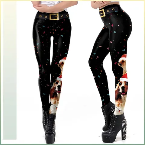 Damen Weihnachten Hund Druck Leggings Hohe Taille Elastisch Slim Fit Digitaldruck Gürtel-Imitat Festliche Feiertag Yoga Hose