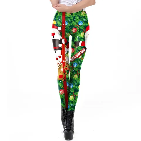 Leggings da Donna con Stampa Natalizia a Vita Alta Festivi Babbo Natale Renna Pupazzo di Neve Verde Pantaloni Slim Elastici per Feste