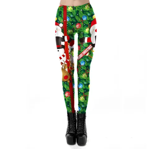 Leggings da Donna con Stampa Natalizia a Vita Alta Festivi Babbo Natale Renna Pupazzo di Neve Verde Pantaloni Slim Elastici per Feste