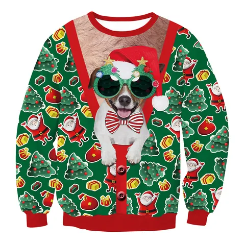 Women's Casual Christmas 3D Digital Print Sweatshirt Loose Round Neck Long Sleeve Pullover Funny Cat Dog Graphic Ugly Sweater Party Top