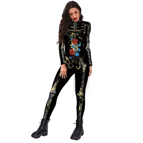 Women Halloween Skeleton Rose 3D Digital Print Jumpsuit Long Sleeve Mock Neck Slim Fit Bodycon Romper Party Cosplay Costume