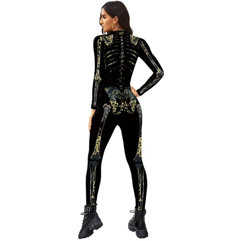 Women Halloween Skeleton Rose 3D Digital Print Jumpsuit Long Sleeve Mock Neck Slim Fit Bodycon Romper Party Cosplay Costume