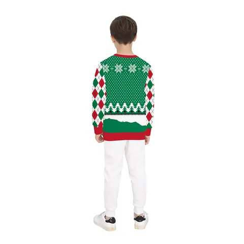 Kids Christmas Sweatshirt Funny 3D Sloth Print Long Sleeve Crew Neck Pullover Red Green Argyle Snowflake Pattern Holiday Party Top