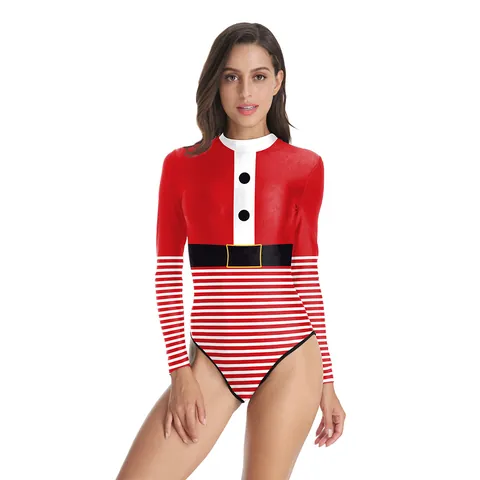 Maillot de Bain Une Pièce de Noël pour Femmes Manches Longues Imprimé Père Noël Rayé Body Costume de Fête Festif Maillot de Bain Échancré