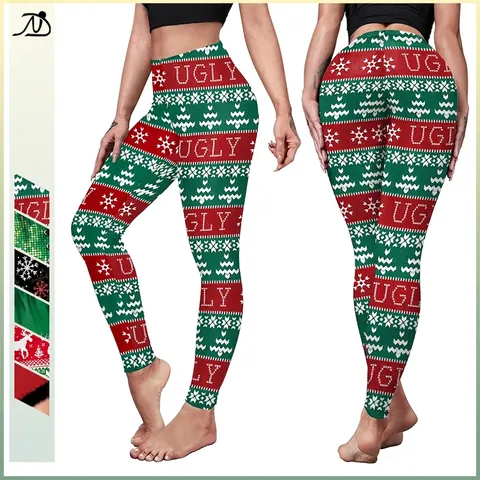 Leggings de Noël pour Femmes Taille Haute Pantalons de Yoga Extensibles Style Ugly Christmas Flocons de Neige Père Noël Pantalons de Fête