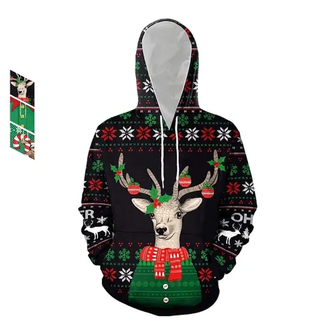 Women Christmas Hoodie Loose Fit Reindeer Sloth Printed Long Sleeve Sweatshirt Polyester Spandex Pullover With Pocket For Holiday
