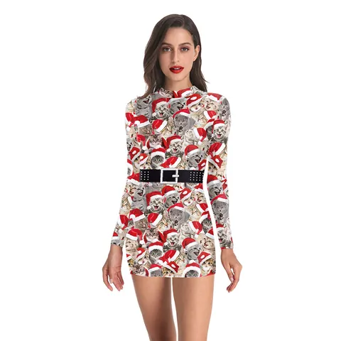 Abito da Donna Mini Bodycon con Stampa Digitale di Natale a Manica Lunga Sexy Abito da Festa Natalizia in Poliestere Spandex Elastico Pullover