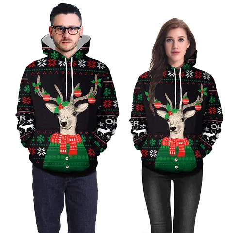 Women Christmas Hoodie Loose Fit Reindeer Sloth Printed Long Sleeve Sweatshirt Polyester Spandex Pullover With Pocket For Holiday