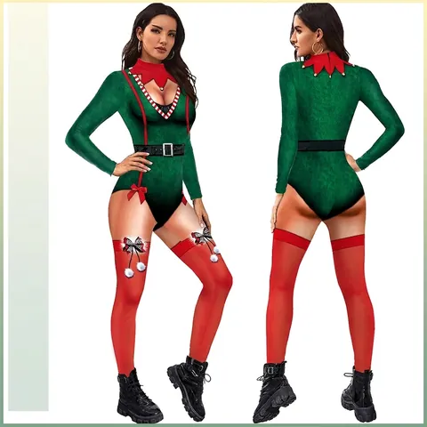 Tuta Cosplay da Donna Mostro Verde di Natale Sexy Slim Fit Manica Lunga Body Con Stampa Cintura Costume da Festa