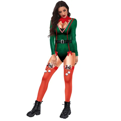Tuta Cosplay da Donna Mostro Verde di Natale Sexy Slim Fit Manica Lunga Body Con Stampa Cintura Costume da Festa