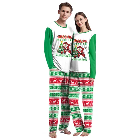 Christmas Couple Pajamas Set Long Sleeve Round Neck Top And Bottom Festive Santa Dog Reindeer Print Loungewear Sleepwear