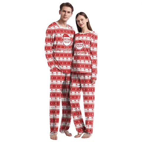Kerst Pyjama Voor Koppels Bovenstuk En Broek Lange Mouw Polyester Bedrukt Kat Sneeuwvlok Loungewear Voor Heren Dames