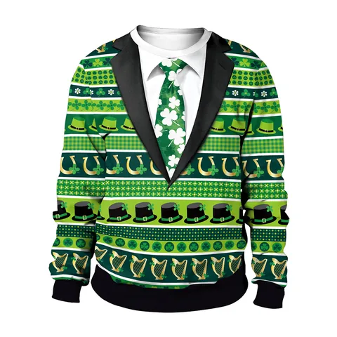 Sweatshirt Femme Saint-Patrick Impression 3D Drôle Trèfle Leprechaun Pullover Manches Longues Col Rond Top de Fête