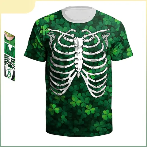 Heren St. Patrick's Day 3D Digitale Print T-Shirt Grappige Leprechaun Tuxedo Skelet Klaver Korte Mouw Casual Ronde Hals Top