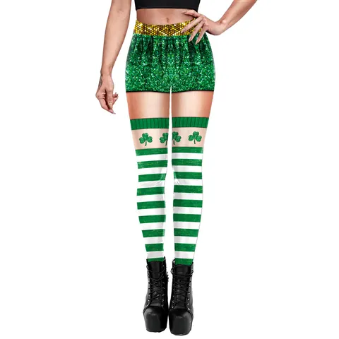 Women St Patrick's Day Leggings Shamrock Print High Waist Yoga Pants Green White Striped Festive Fitness Tights Holiday Apparel