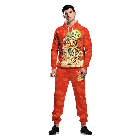 Set Felpa Con Cappuccio e Pantaloni Sportivi Rossi Con Stampa Tigre Stile Cinese Abbinato Genitore-Figlio Top And Bottom Per Uomo Donna Bambini