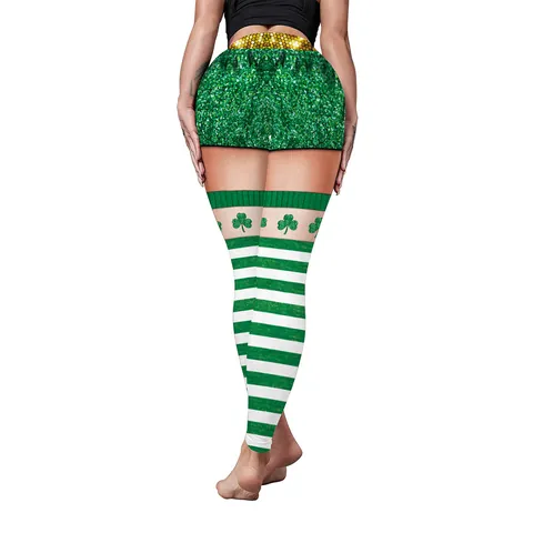 Women St Patrick's Day Leggings Shamrock Print High Waist Yoga Pants Green White Striped Festive Fitness Tights Holiday Apparel