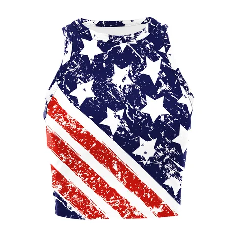 Women Independence Day American Flag Print Sleeveless Round Neck Crop Top Slim Fit Distressed Stars And Stripes Tank Top