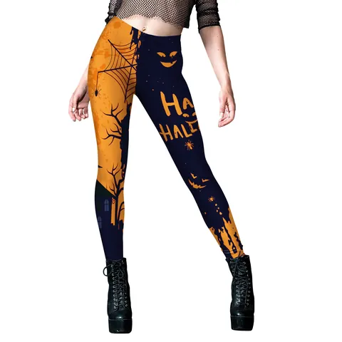 Women Halloween Leggings High Waist Spooky Digital Print Slim Fitness Trousers With Pumpkin Spider Web Castle Bat Pattern Holiday Party Pants