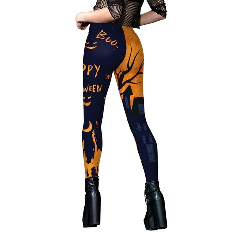 Women Halloween Leggings High Waist Spooky Digital Print Slim Fitness Trousers With Pumpkin Spider Web Castle Bat Pattern Holiday Party Pants
